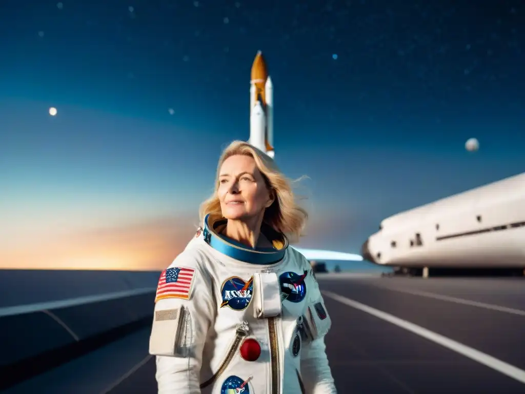 Jerrie Cobb, primera mujer astronauta, contempla el universo desde su traje espacial junto a un transbordador y la Tierra de fondo