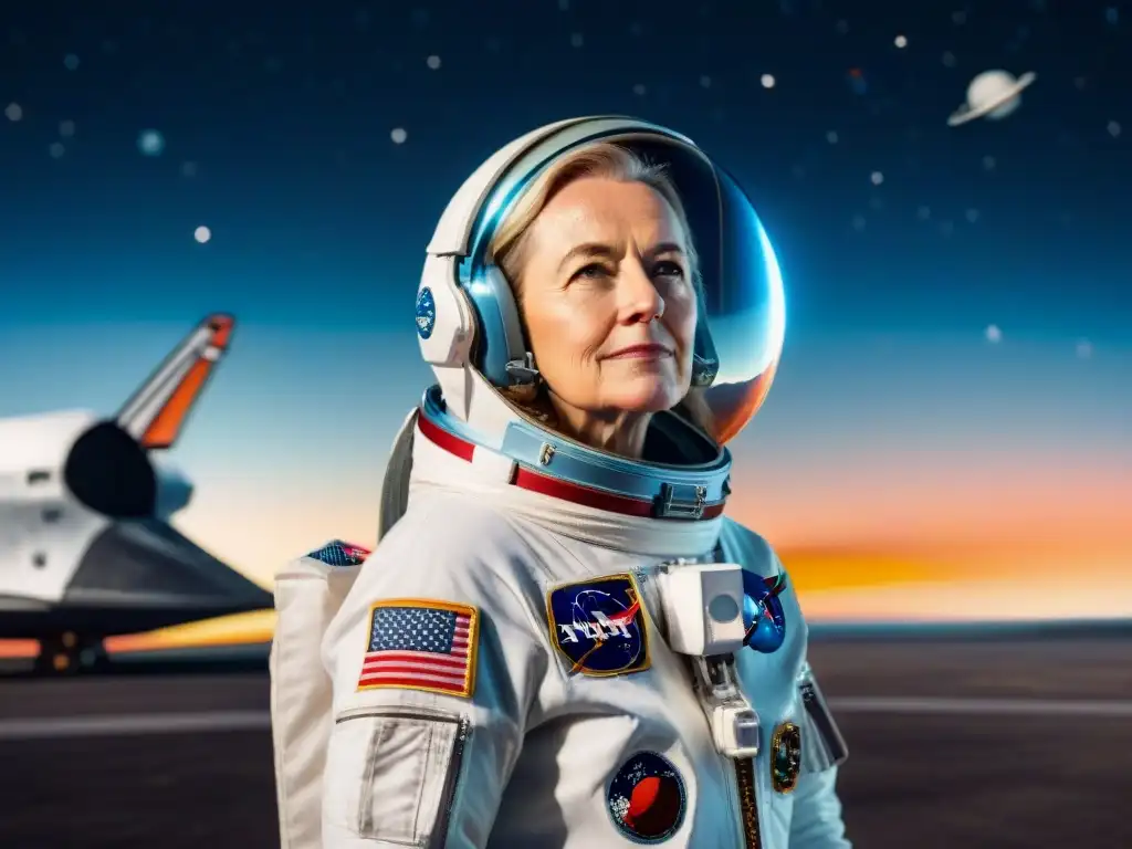 Jerrie Cobb, primera mujer astronauta, refleja determinación y asombro frente al transbordador espacial, rodeada de estrellas y planetas