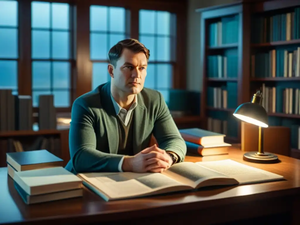 Joven Michael Collins, astronauta Apolo 11, concentrado en su pasión por la astronomía rodeado de libros y mapas estelares en una habitación iluminada