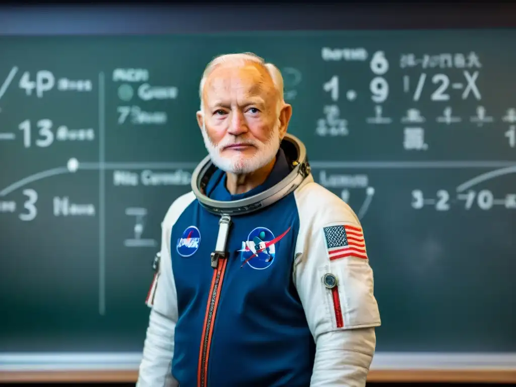 Un joven Buzz Aldrin, traje espacial vintage, frente a pizarrón lleno de ecuaciones sobre exploración del espacio más allá