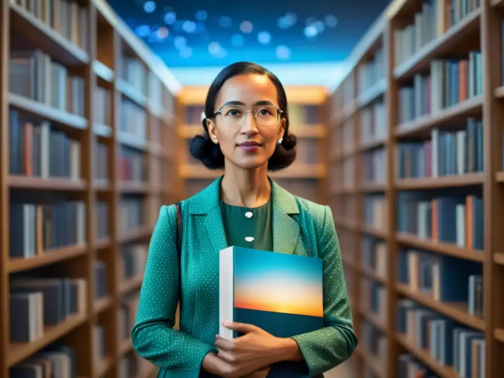 Joven Katherine Johnson inmersa en libros y ecuaciones en una biblioteca vibrante, con constelaciones de fondo