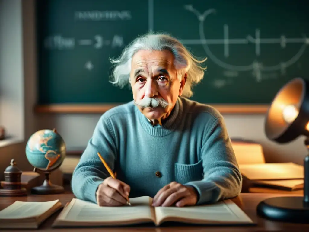 Joven Einstein reflexiona sobre la Teoría de la relatividad explicada en su estudio iluminado