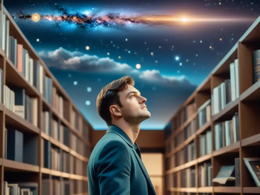 El joven Michael Collins, rodeado de libros y cohetes, mira maravillado al cielo estrellado en su habitación decorada con motivos espaciales