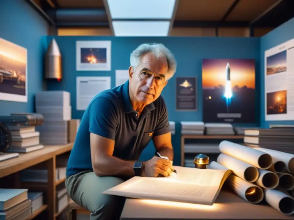 Un joven Homer Hickam rodeado de libros y planos en su taller de cohetes, mirando al cielo con asombro y determinación