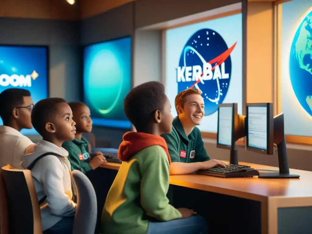 Jóvenes estudiantes concentrados y emocionados jugando 'Kerbal Space Program', aprendiendo física espacial en videojuegos