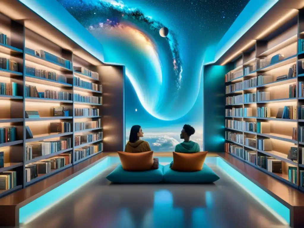 Jóvenes lectores disfrutan de literatura juvenil ciencia ficción en biblioteca futurista con hologramas y vista a galaxia distante