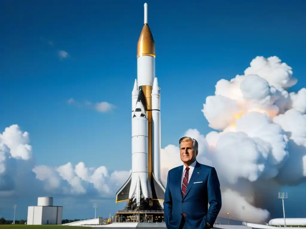 Wernher von Braun junto al imponente cohete Saturno V en el Centro Espacial Kennedy