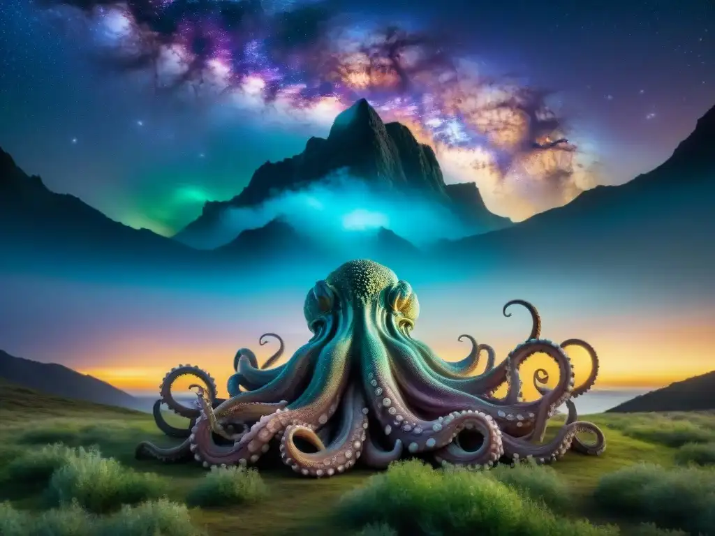 Un kraken cósmico con escamas iridiscentes y tentáculos vastos como galaxias, ojos luminosos en un campo estelar, evocando asombro y temor