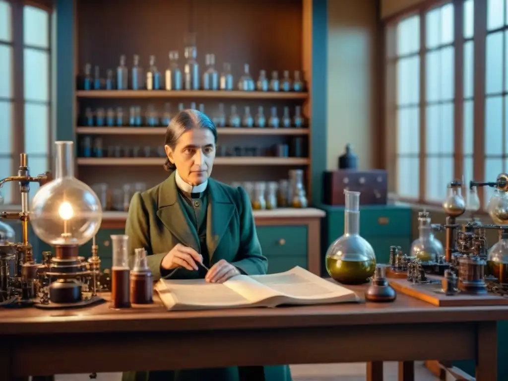 Lise Meitner en su laboratorio, concentrada en experimentos de fisión nuclear, rodeada de equipamiento científico