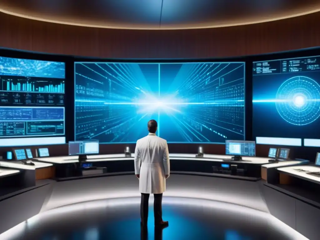 Un laboratorio futurista con científicos analizando datos sobre universos paralelos