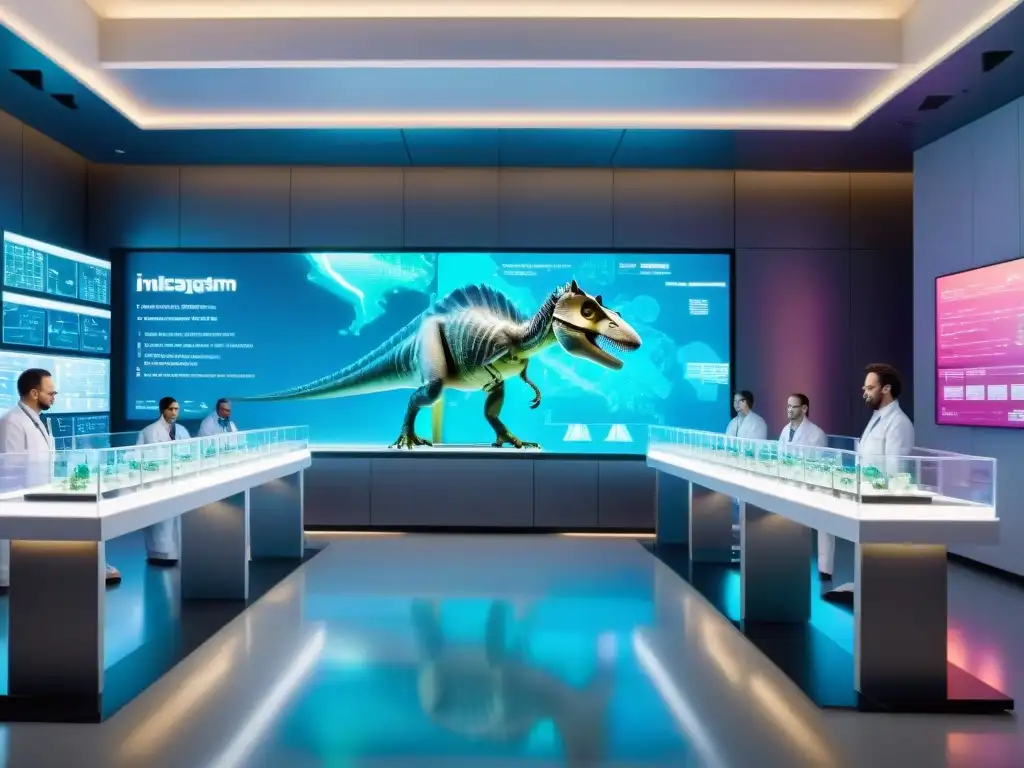 Un laboratorio futurista donde científicos trabajan en secuenciación de ADN y genética, rodeados de tecnología avanzada y hologramas de dinosaurios