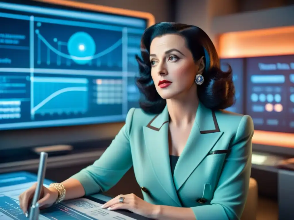 Hedy Lamarr inventora tecnología WiFi en laboratorio futurista, inspirando con su genialidad y determinación