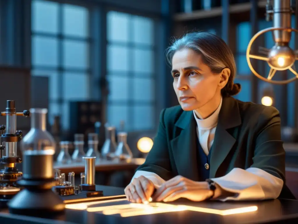 Lise Meitner en su laboratorio, inmersa en la fisión nuclear, reflejando historia y descubrimiento