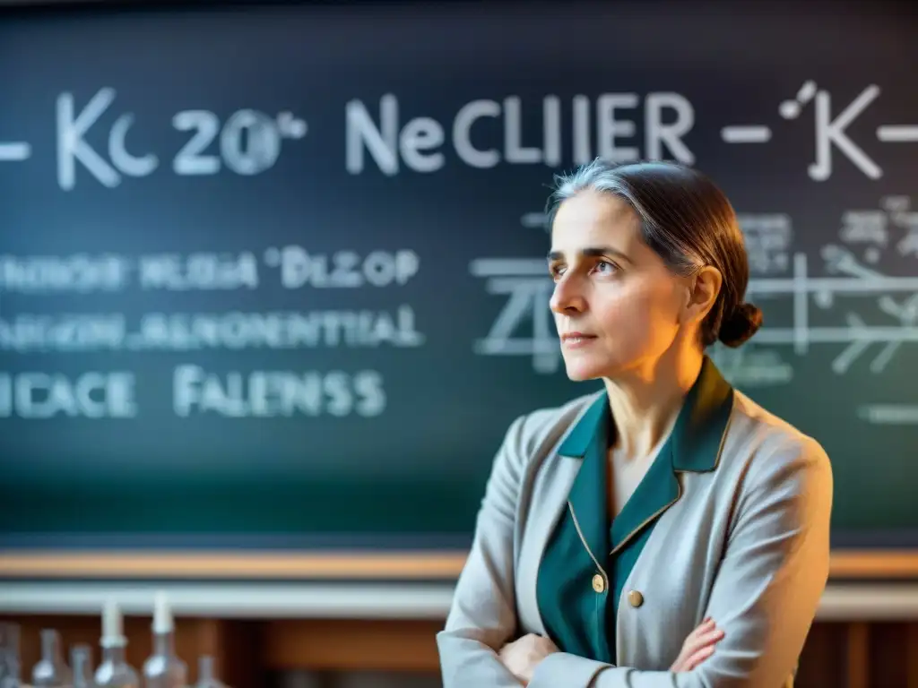 Lise Meitner en su laboratorio, inmersa en pensamientos de descubrimiento, rodeada de equipos científicos y ecuaciones de física nuclear en la pizarra