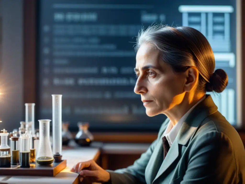 Lise Meitner reflexiona en su laboratorio sobre la fisión nuclear, rodeada de equipamiento científico