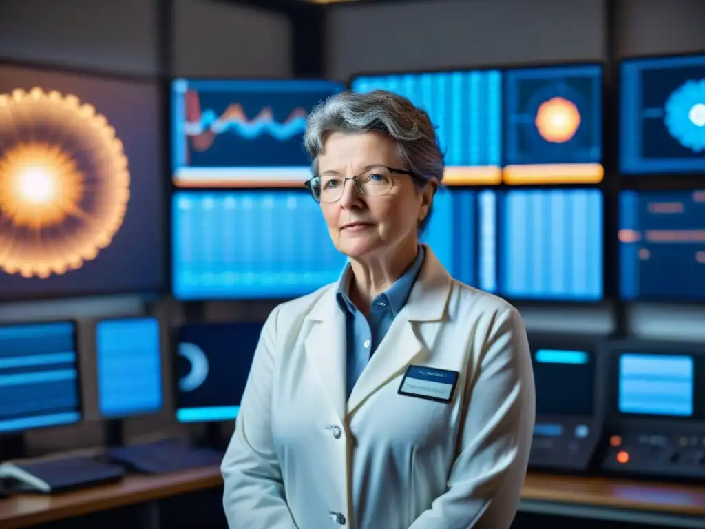 Jocelyn Bell Burnell en su laboratorio, rodeada de datos astronómicos y señales de púlsares