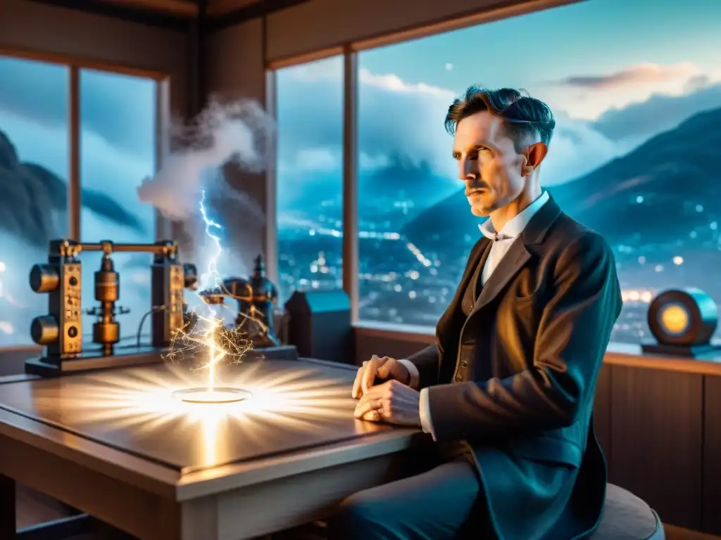 Nikola Tesla en su laboratorio rodeado de equipo eléctrico, con chispas de electricidad y vistas al espacio