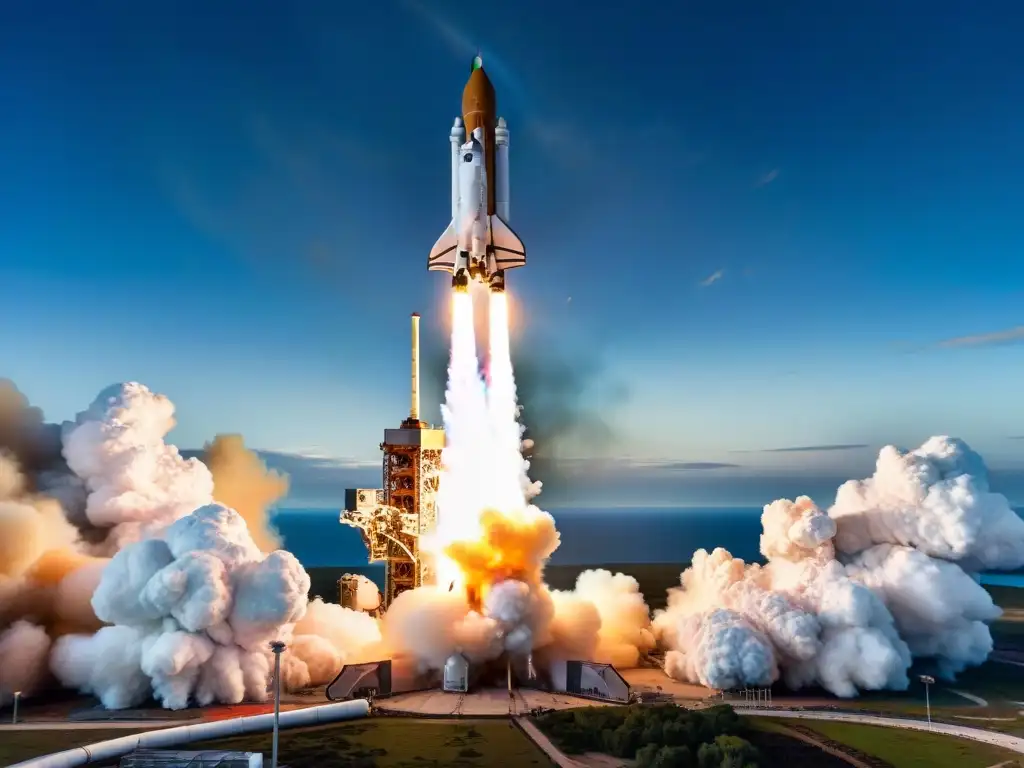 Un lanzamiento espacial emocionante: la potente ascensión de un cohete hacia el espacio, detallado y majestuoso