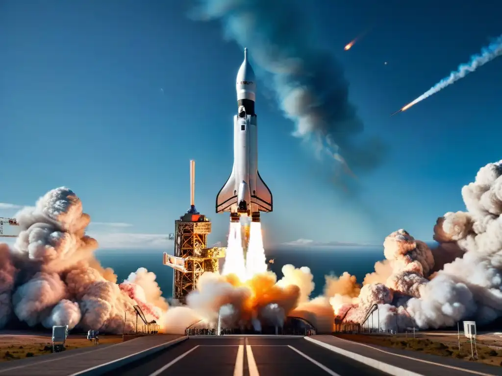 Un lanzamiento espacial épico con detallados fuegos y humo, mostrando la complejidad y emoción de la física espacial en videojuegos