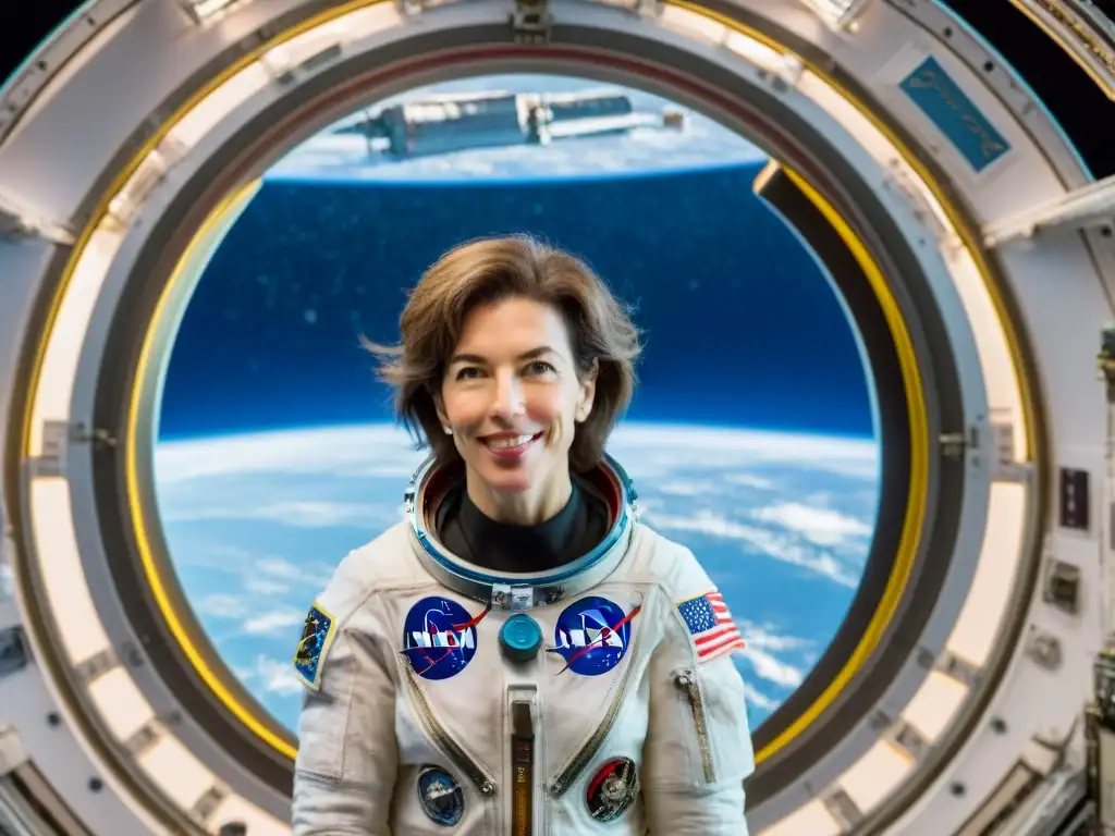 Ellen Ochoa astronauta latina flotando en la Estación Espacial Internacional, realizando experimentos científicos con la Tierra de fondo