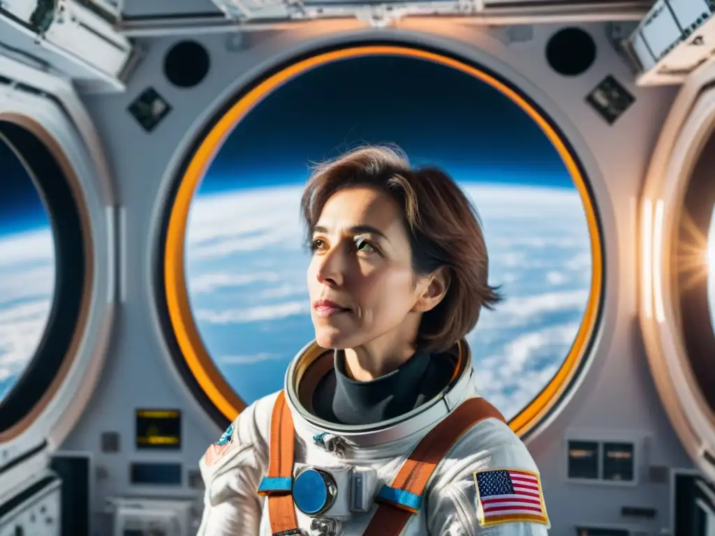 Ellen Ochoa, astronauta latina, admirando el espacio desde la Estación Espacial Internacional, mezclando asombro y determinación