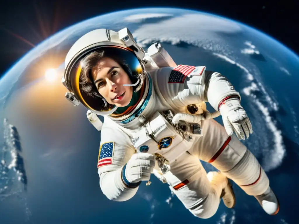 Ellen Ochoa astronauta latina flota con gracia en el espacio, con la Tierra de fondo