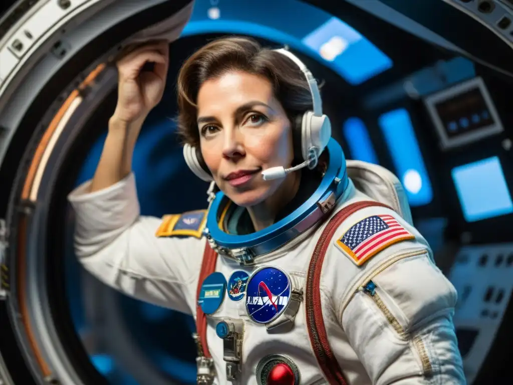 Ellen Ochoa astronauta latina flotando con gracia en el espacio, iluminada por la Tierra en el fondo