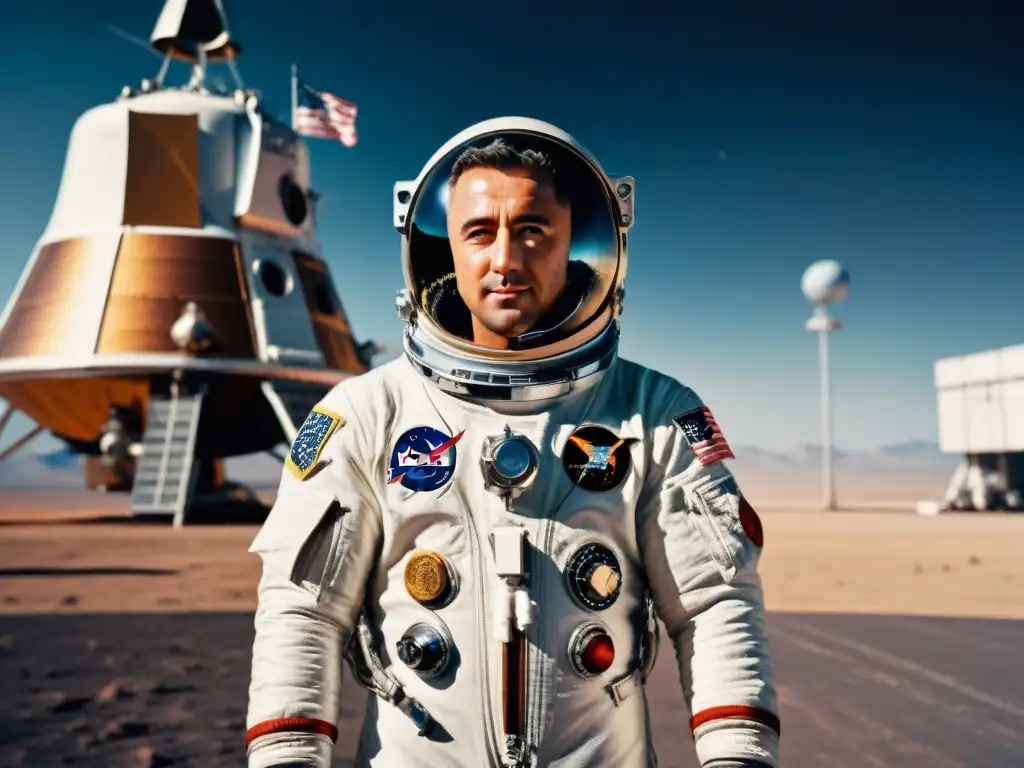 Gus Grissom historia y legado: Gus Grissom en su traje espacial plateado frente a la nave Mercury-Redstone 4, con la curvatura terrestre de fondo