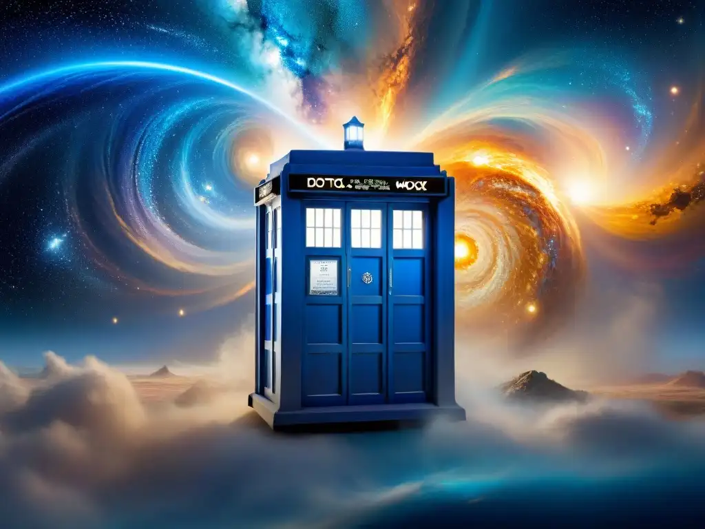 La legendaria TARDIS de Doctor Who se materializa en un telón cósmico, evocando la exploración espacial en Doctor Who