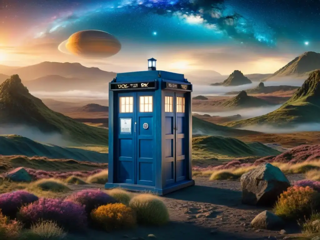 La legendaria TARDIS materializándose en un planeta alienígena, rodeada de galaxias y estrellas