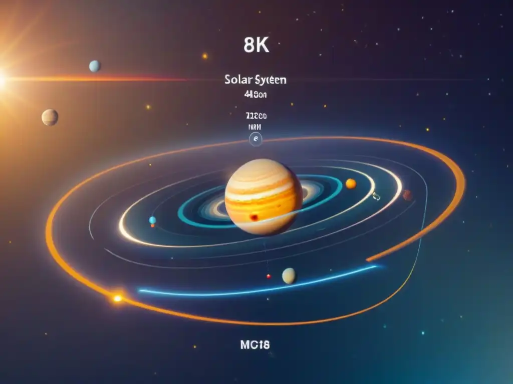 Representación de las leyes de Kepler: planetas en órbitas elípticas alrededor del sol, destacando la precisión y belleza del universo