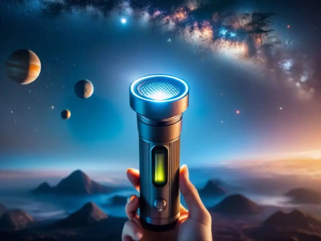 Linterna espacial futurista con tecnología avanzada, luces LED brillantes y pantalla digital, en contraste con el espacio estrellado