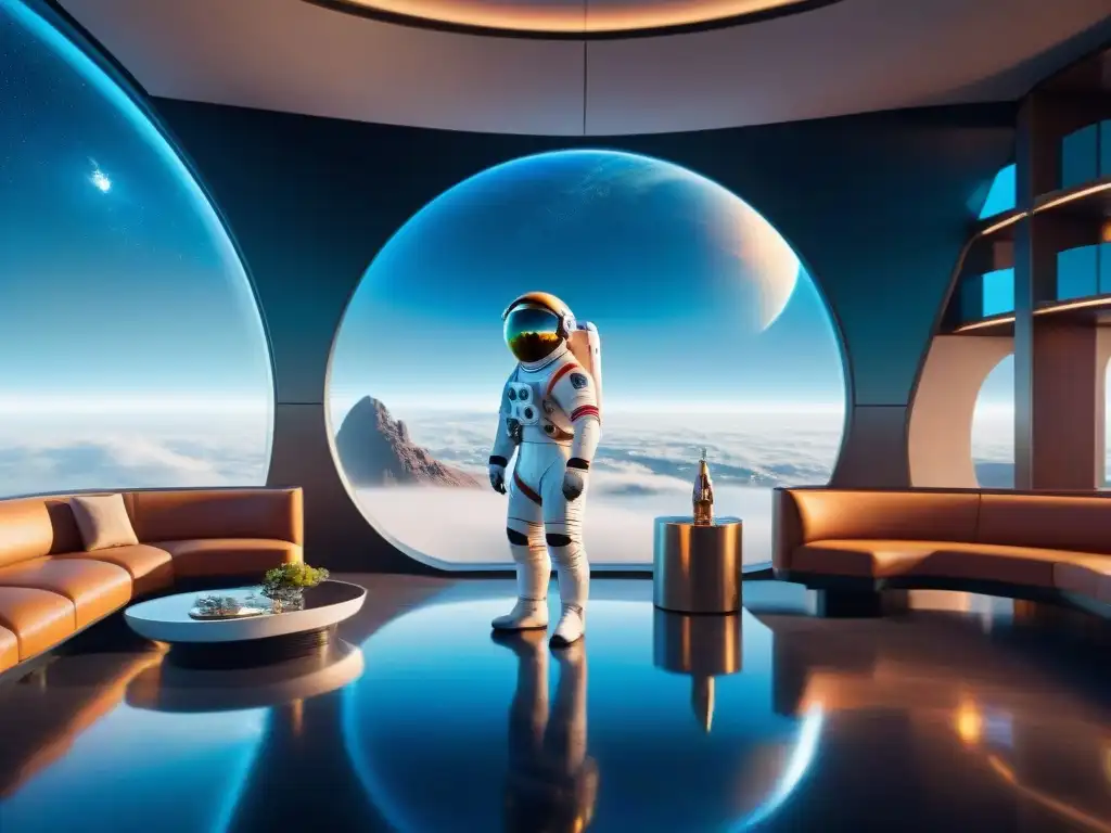 Un lobby de hotel espacial lujoso con decoración futurista, servicios exclusivos turismo espacial y vistas panorámicas a la Tierra