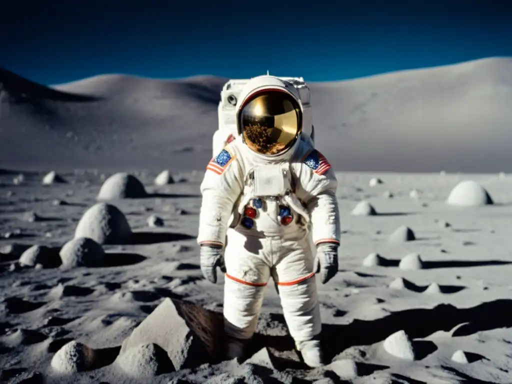 Harrison Schmitt, geólogo en la Luna, examina roca con martillo en mano, la Tierra de fondo