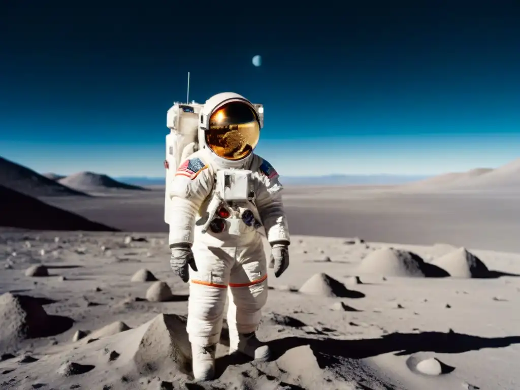 Harrison Schmitt, geólogo en la Luna, examina muestra rocosa con la Tierra de fondo