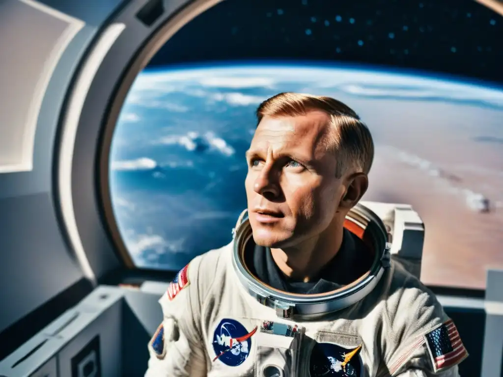 Frank Borman liderando misión Luna, admirando la Tierra desde el espacio, reflejando determinación y asombro