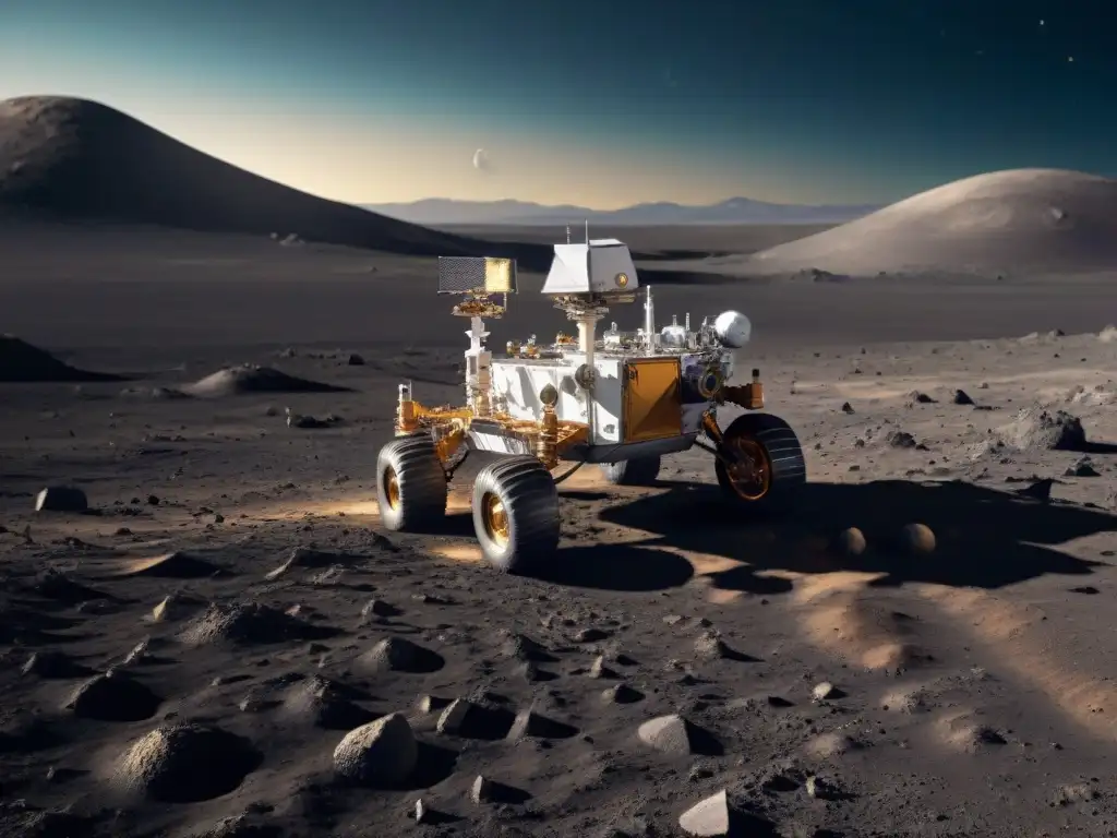 Exploración lunar: Rover en la luna recolectando muestras de suelo