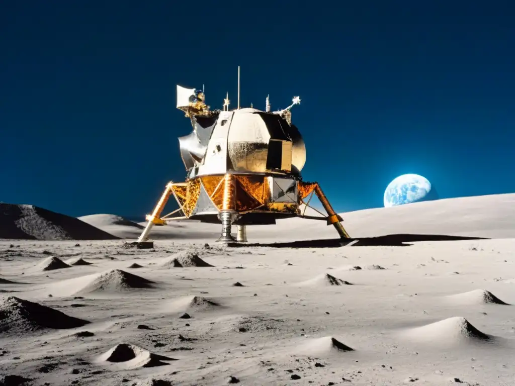 Apollo 11 aterrizando en la Luna: detalle ultrarrealista La mision Apollo 11 exploracion lunar: La nave desciende hacia la Luna, mostrando la belleza y soledad del espacio