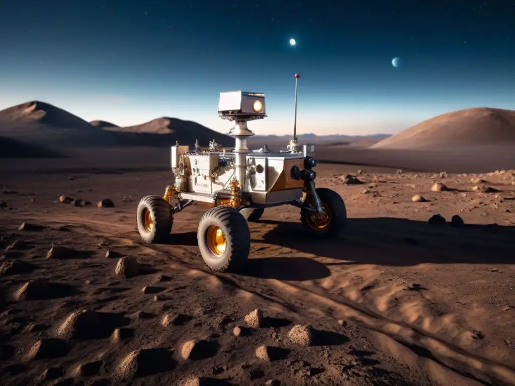 Exploración lunar: Rover tecnológico en paisaje lunar con vista a la Tierra