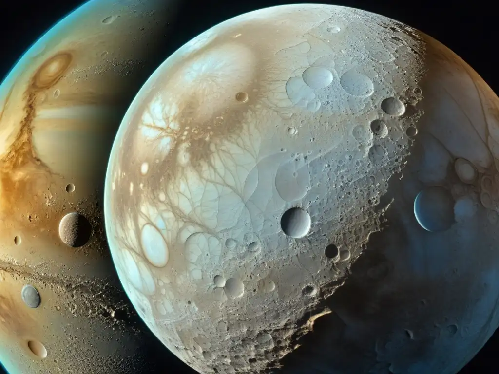 Descubrimiento lunas galileanas exploración: Detallada imagen de la helada superficie de Europa, con intrincadas grietas y patrones, frente a Júpiter