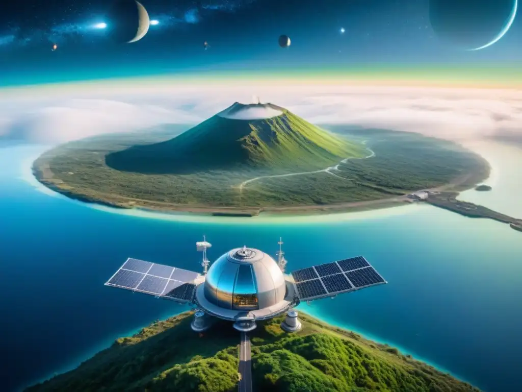 La majestuosa estación espacial del futuro orbita un planeta azul verdoso, con naves y paneles solares