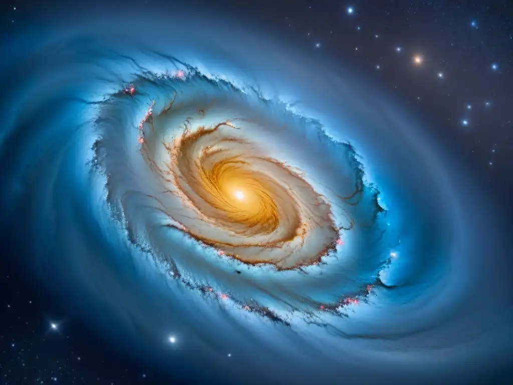 Majestuosa galaxia espiral capturada por un telescopio, con exposiciones sobre misterios del cosmos