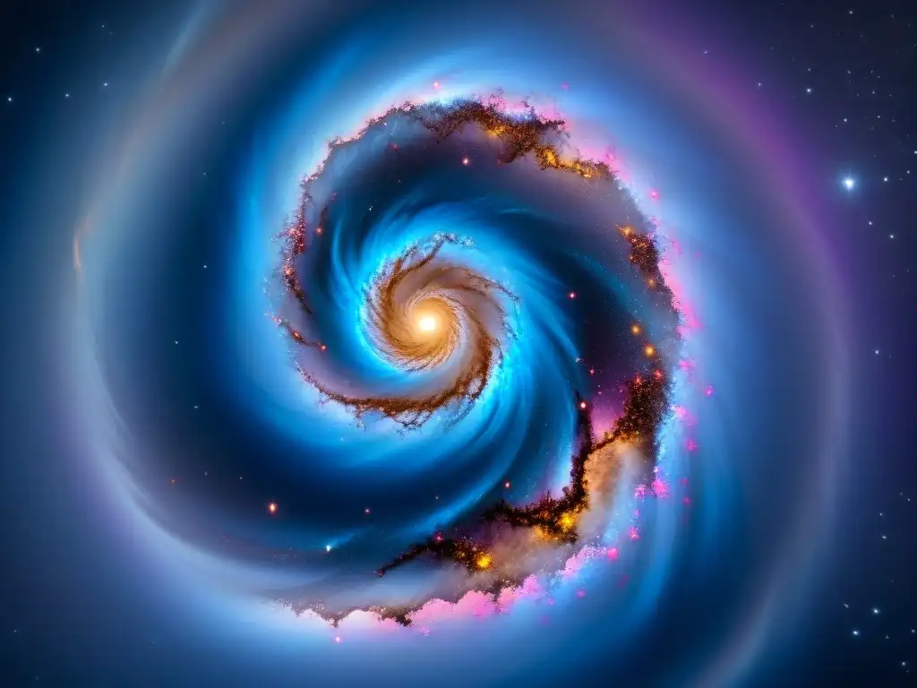 Explora la majestuosidad de una galaxia espiral con colores vibrantes, rodeada de estrellas