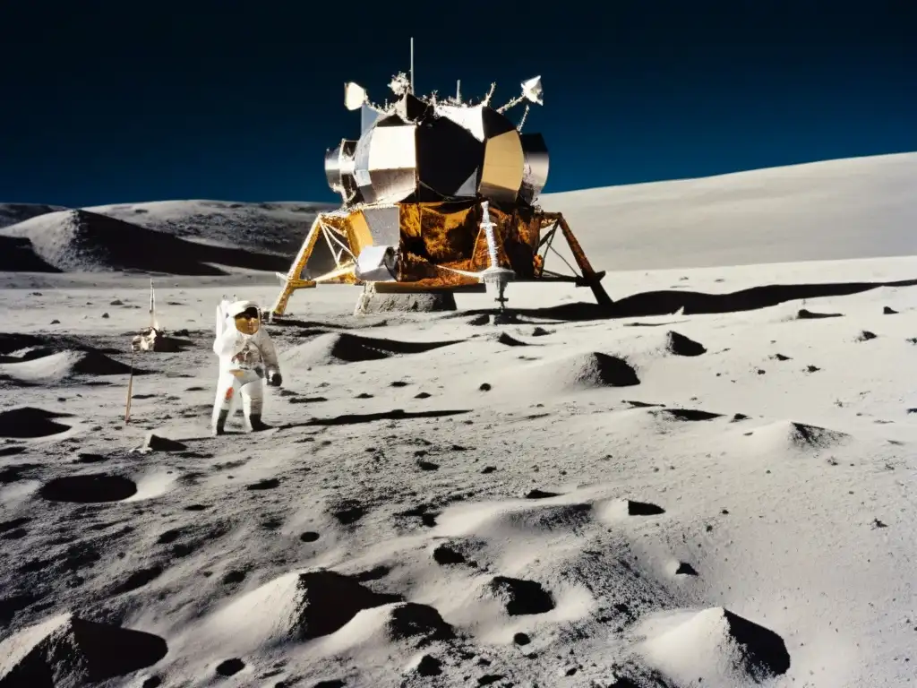 La majestuosidad de la nave lunar del Apolo 11 en la superficie lunar, con la Tierra de fondo, ilustrando un hito en la exploración espacial