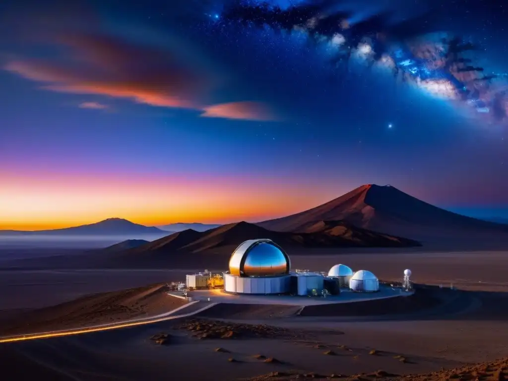 La majestuosidad de los Telescopios que cambiaron la comprensión del universo en el Desierto de Atacama, Chile, bajo un vibrante atardecer