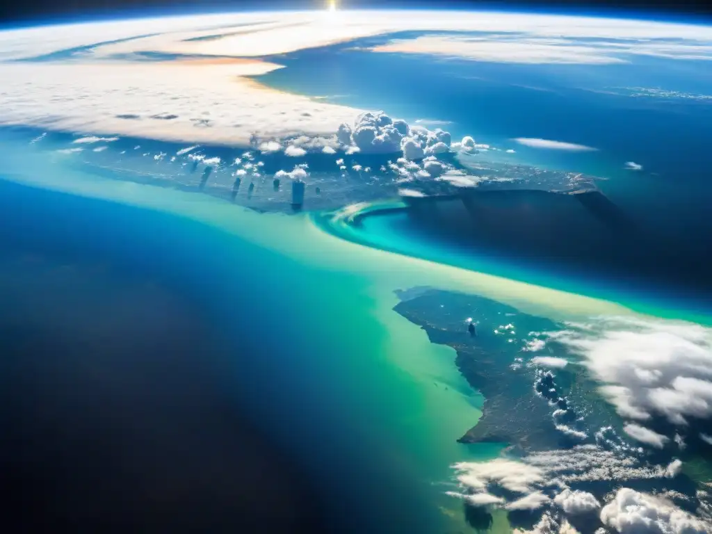 La majestuosidad de la Tierra desde el espacio: océanos azules, nubes blancas y continentes verdes, con el sol naciente y satélites en órbita