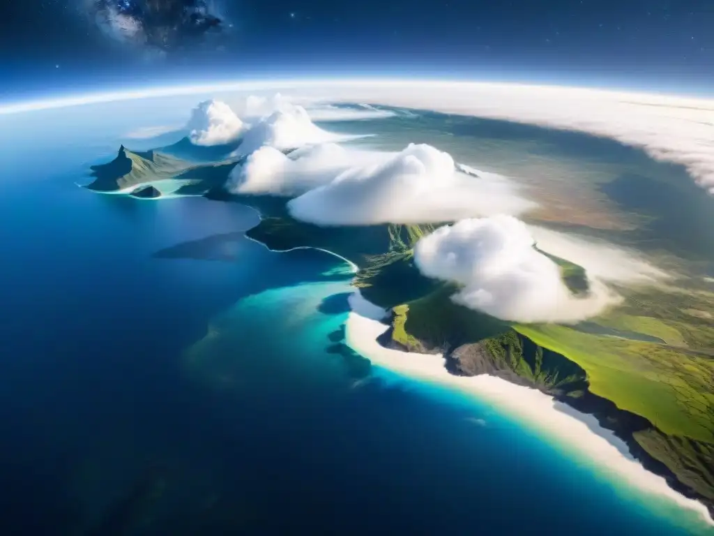 La majestuosidad de la Tierra desde el espacio, destacando sus océanos azules, nubes blancas y vastas tierras verdes