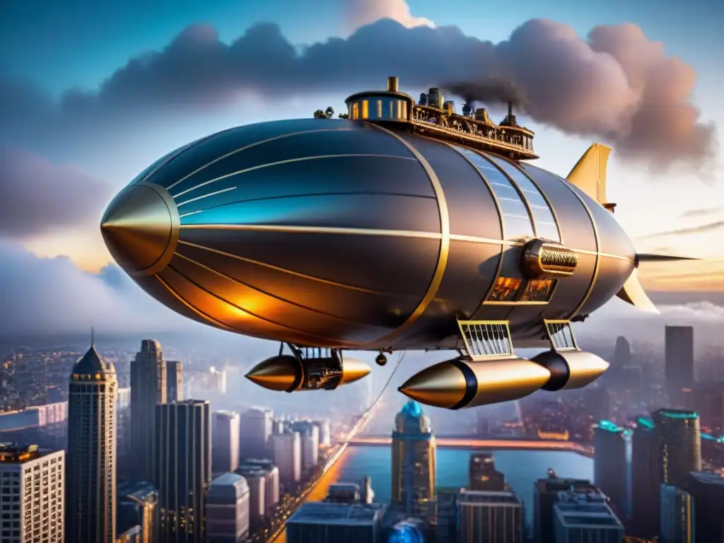 Un majestuoso dirigible steampunk sobrevuela una ciudad futurista, fusionando tecnología futurista en una reimaginación steampunk