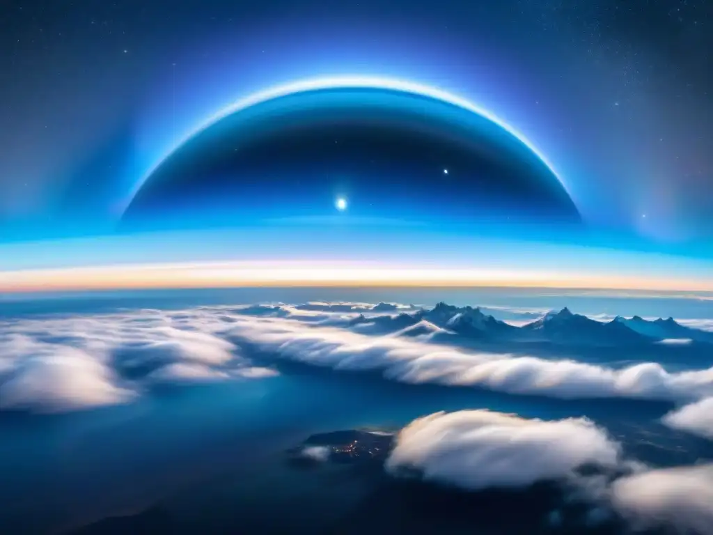 Un majestuoso espacio estelar con una estación orbitando un gigante azul, naves espaciales y galaxias lejanas