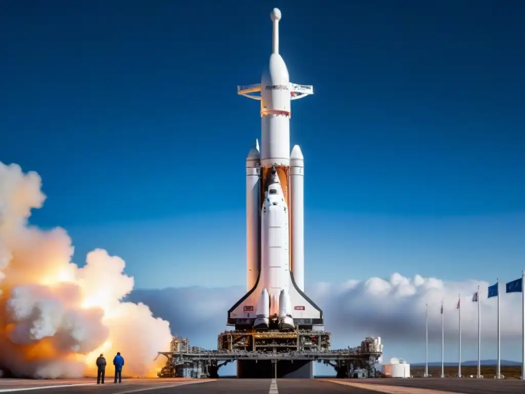 El majestuoso Falcon Heavy en la plataforma de lanzamiento, destaca su tamaño y tecnología